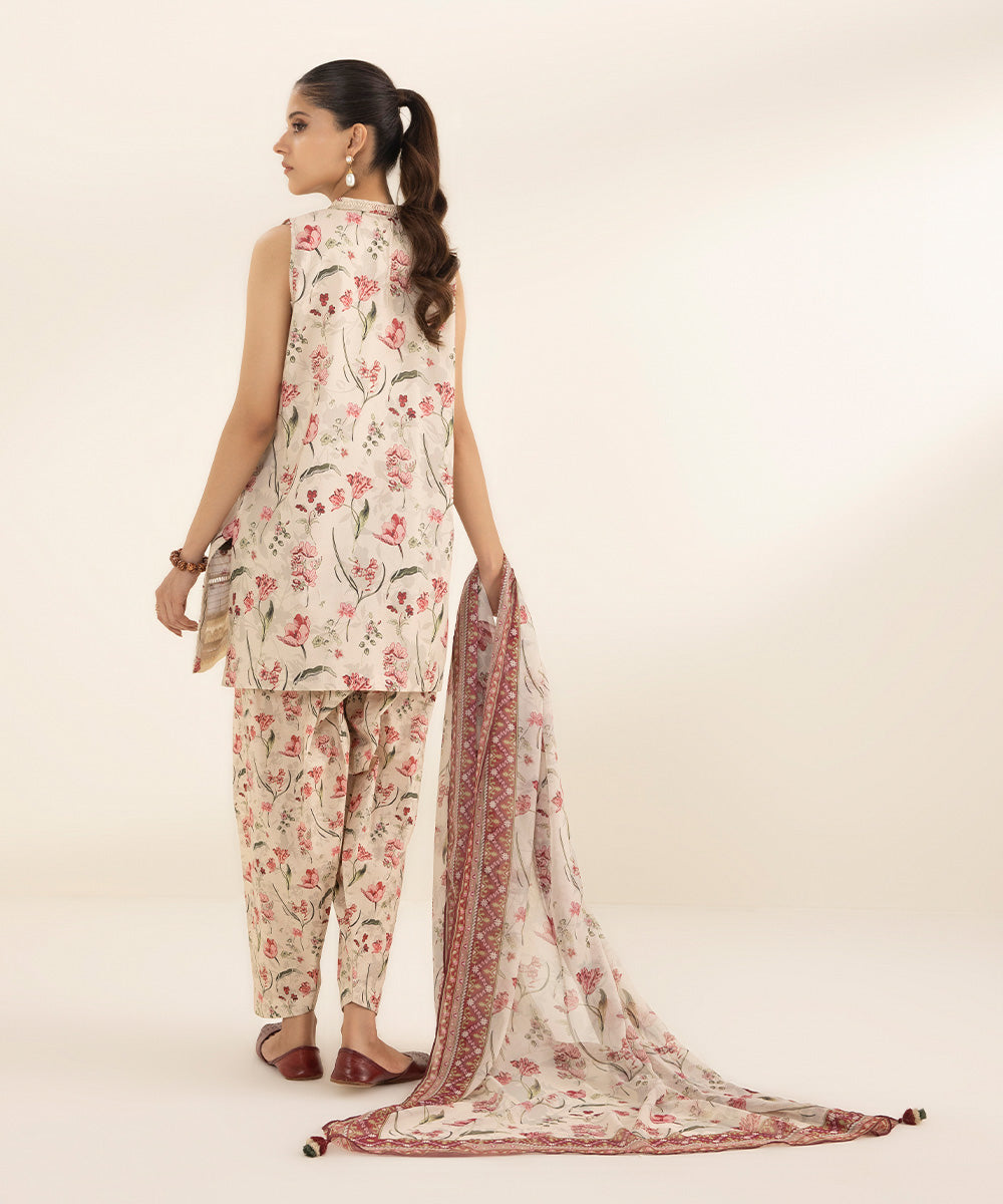 Women's Unstitched Lawn Printed Off White 3 Piece Suit