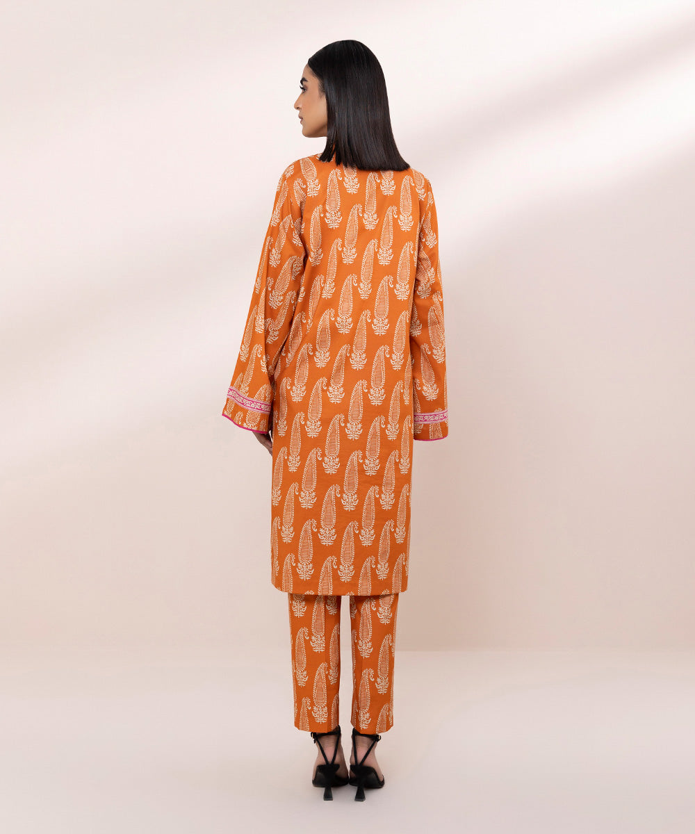 Women's Unstitched Lawn Printed Orange 3 Piece Suit