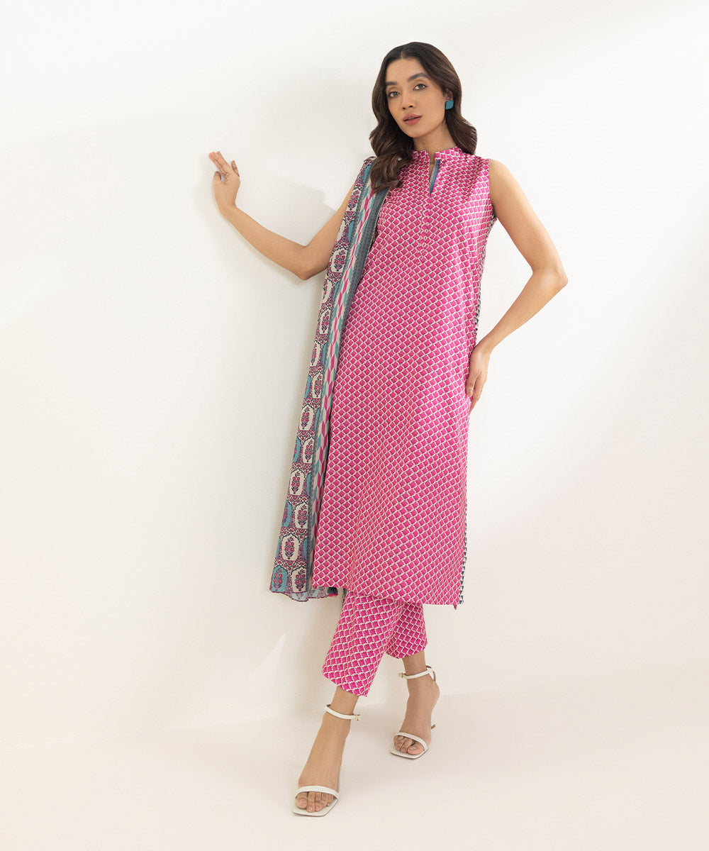 Women's Unstitched Lawn Printed Pink 3 Piece Suit