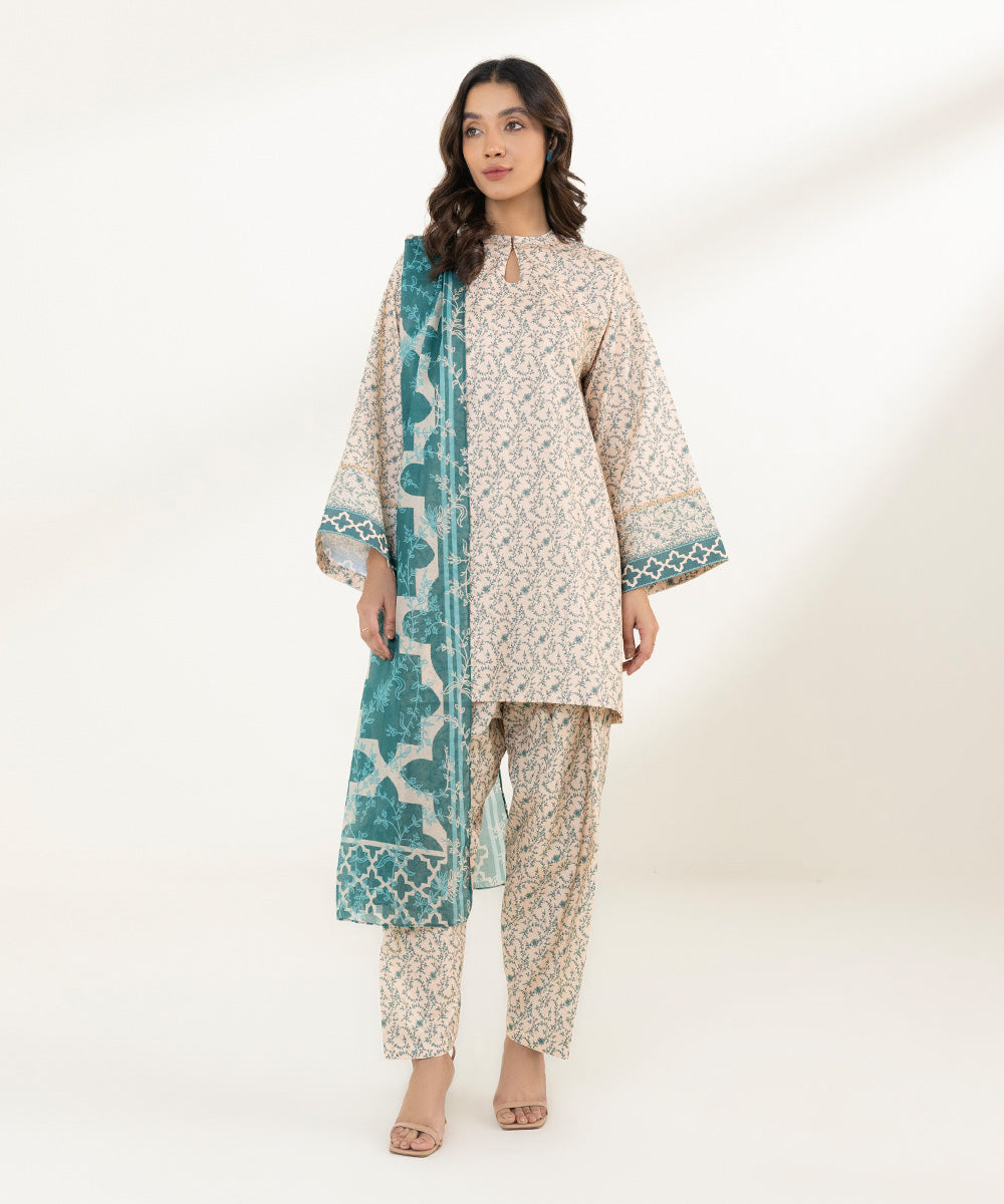 Women's Unstitched Lawn Printed Off White 3 Piece Suit