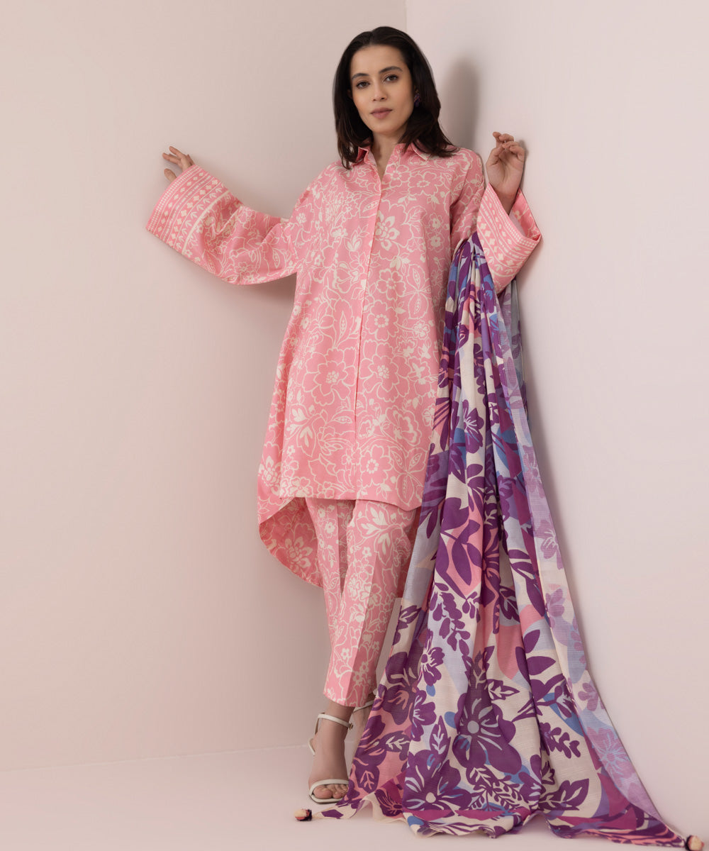 Women's Unstitched Lawn Printed Pink 3 Piece Suit