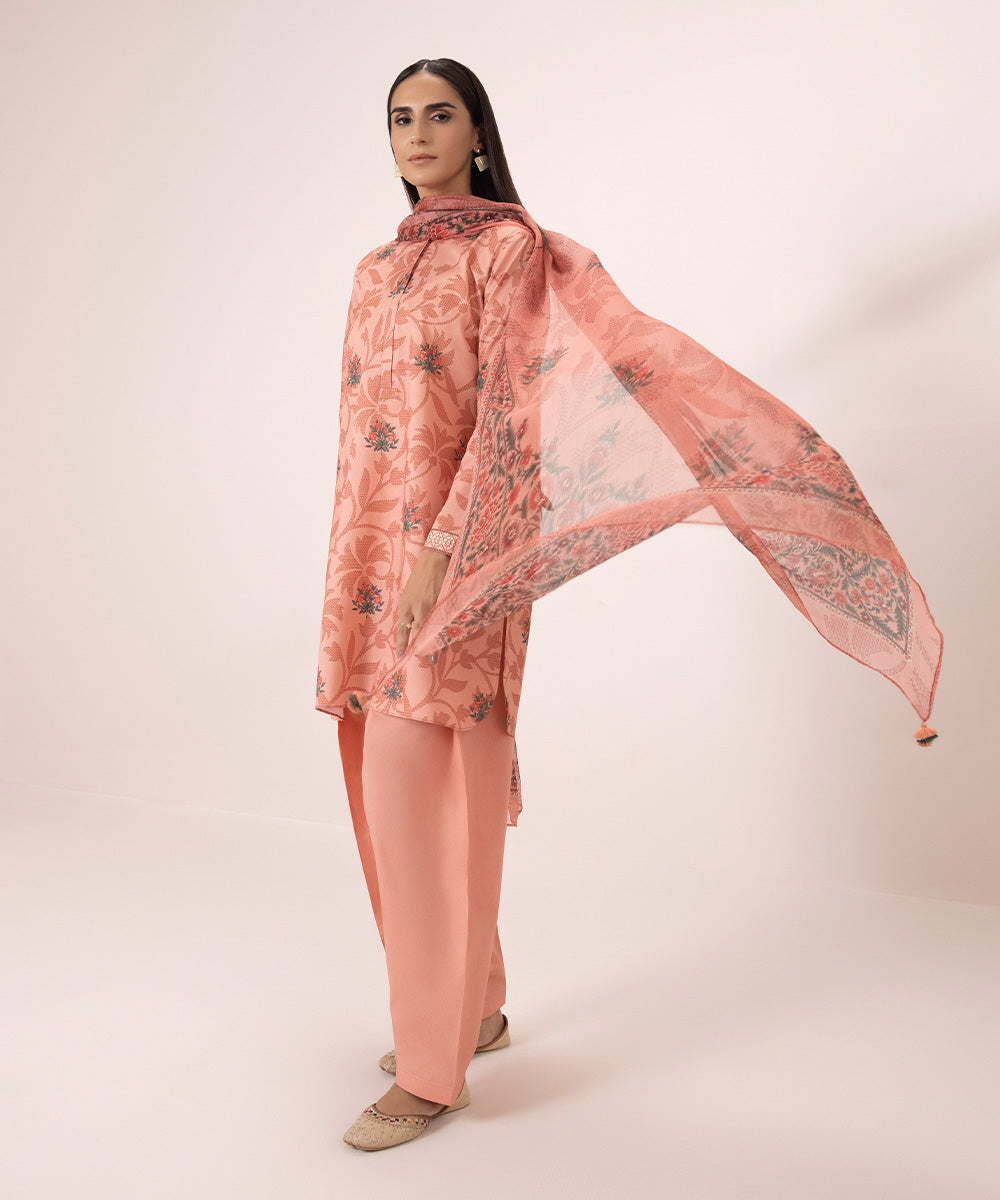 Women's Unstitched Zari Lawn Printed Pink 3 Piece Suit