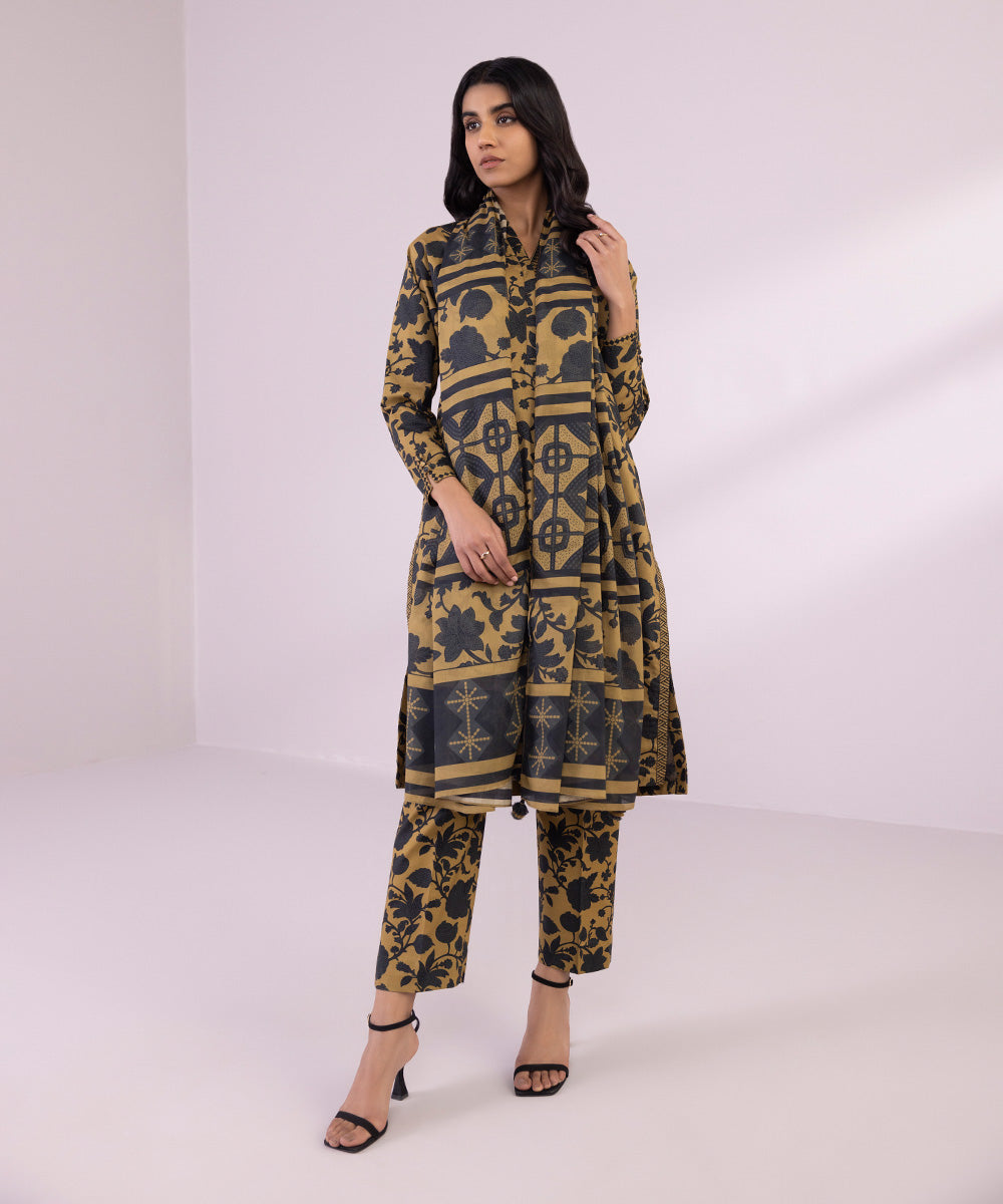 Women's Unstitched Lawn Printed Black and Mustard 3 Piece Suit