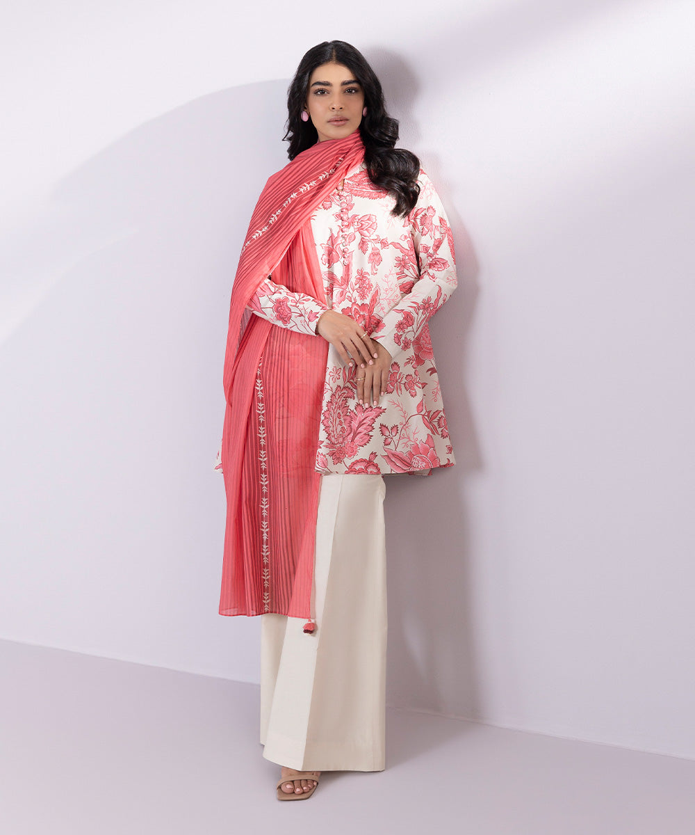 Women's Unstitched Lawn Printed Pink and Ivory 2 Piece Suit