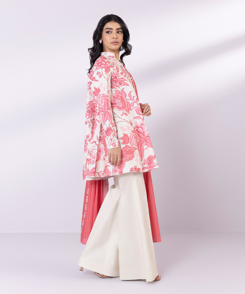Women's Unstitched Lawn Printed Pink and Ivory 2 Piece Suit