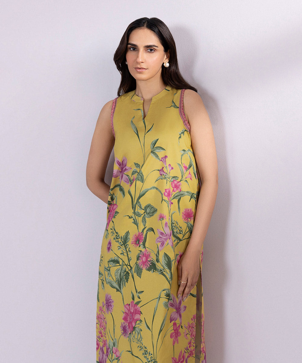 Women's Unstitched Lawn Printed Mustard Yellow 2 Piece Suit