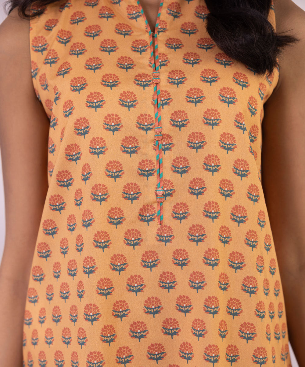 Women's Unstitched Lawn Printed Yellow Orange 3 Piece Suit