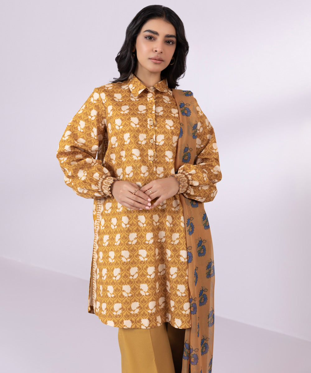 Women's Unstitched Lawn Printed Mustard Yellow 3 Piece Suit