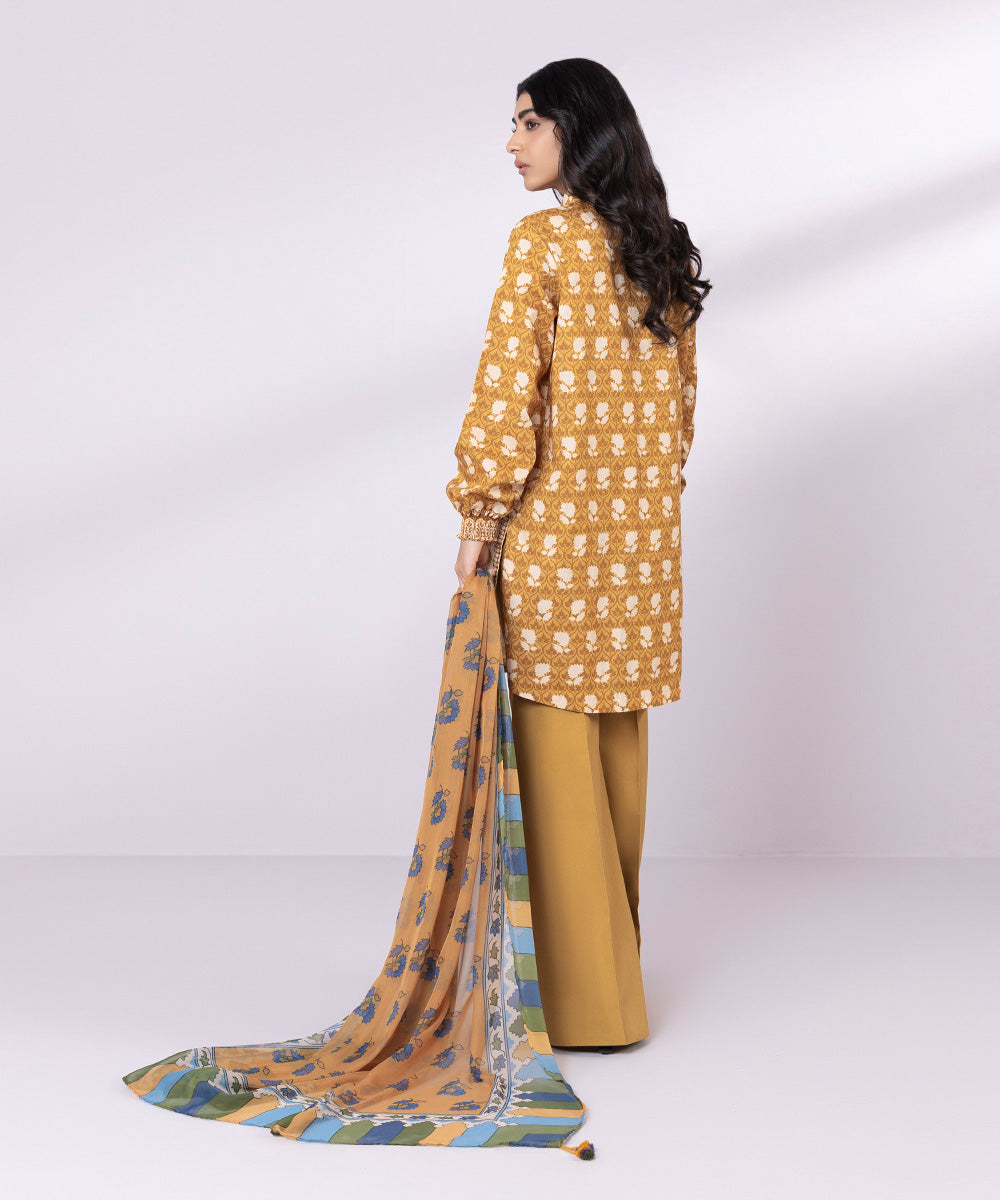 Women's Unstitched Lawn Printed Mustard Yellow 3 Piece Suit