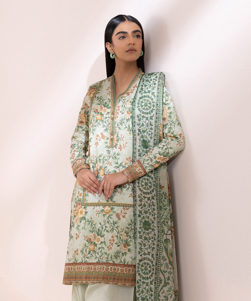 Women's Unstitched Zari Lawn Green Printed 3 Piece Suit