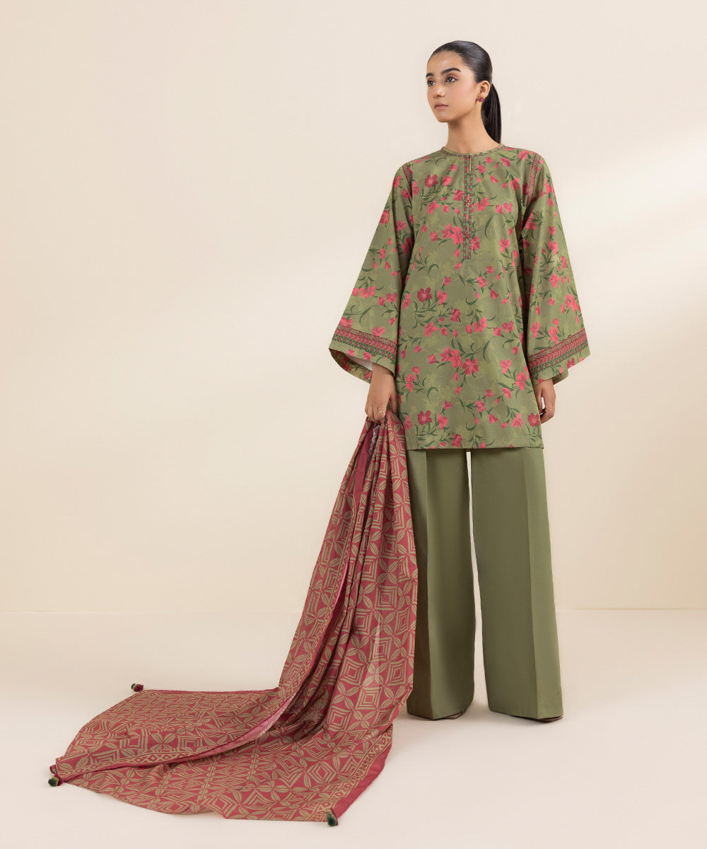 Women's Unstitched Lawn Green Printed 3 Piece Suit