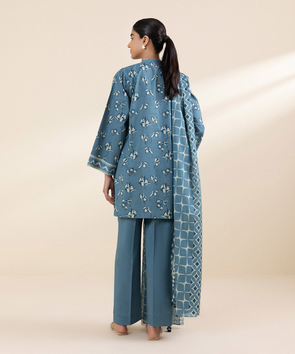 Women's Unstitched Lawn Blue Printed 3 Piece Suit