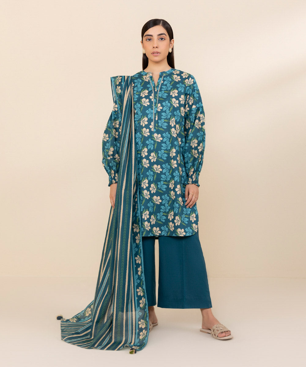 Women's Unstitched Lawn Blue Printed 3 Piece Suit