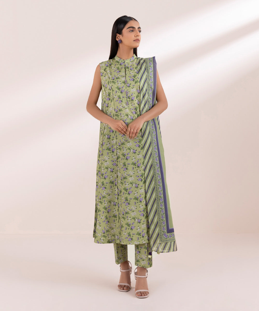 Women's Unstitched Cambric Green Printed 3 Piece Suit