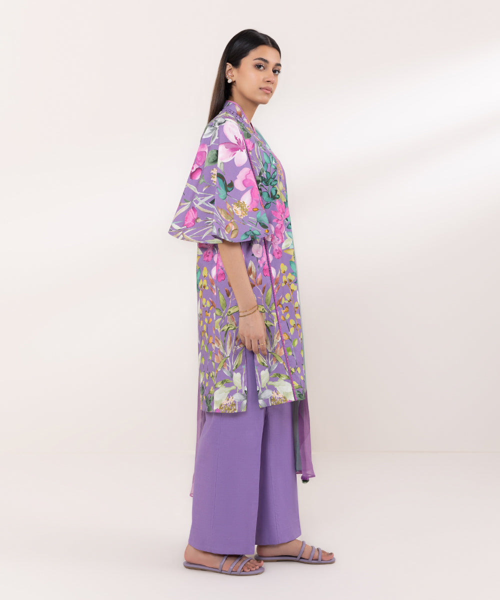 Women's Unstitched Slub Cambric Printed Purple 3 Piece Suit