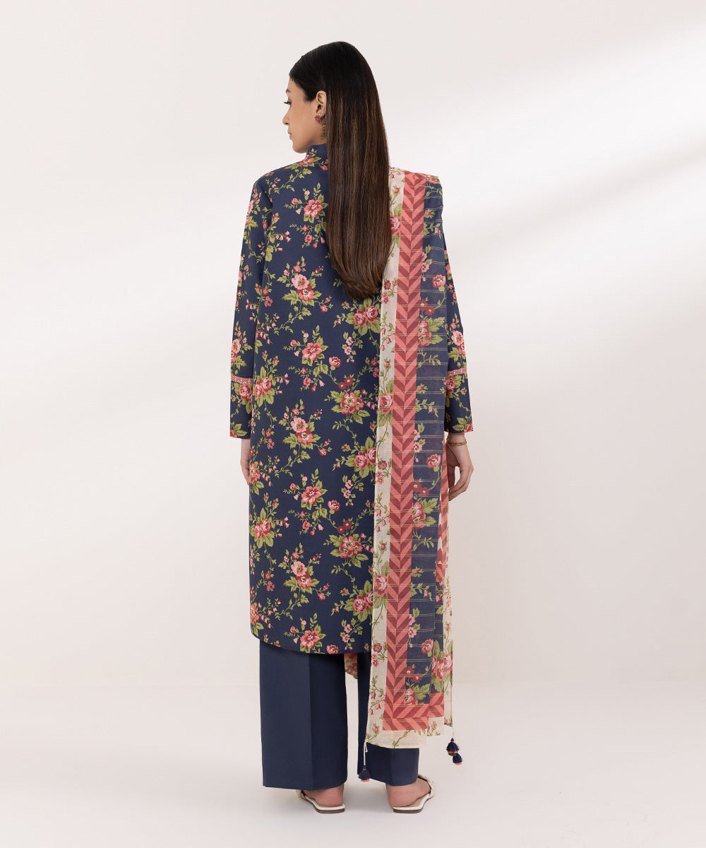 Women's Unstitched Cambric Printed Blue 3 Piece Suit