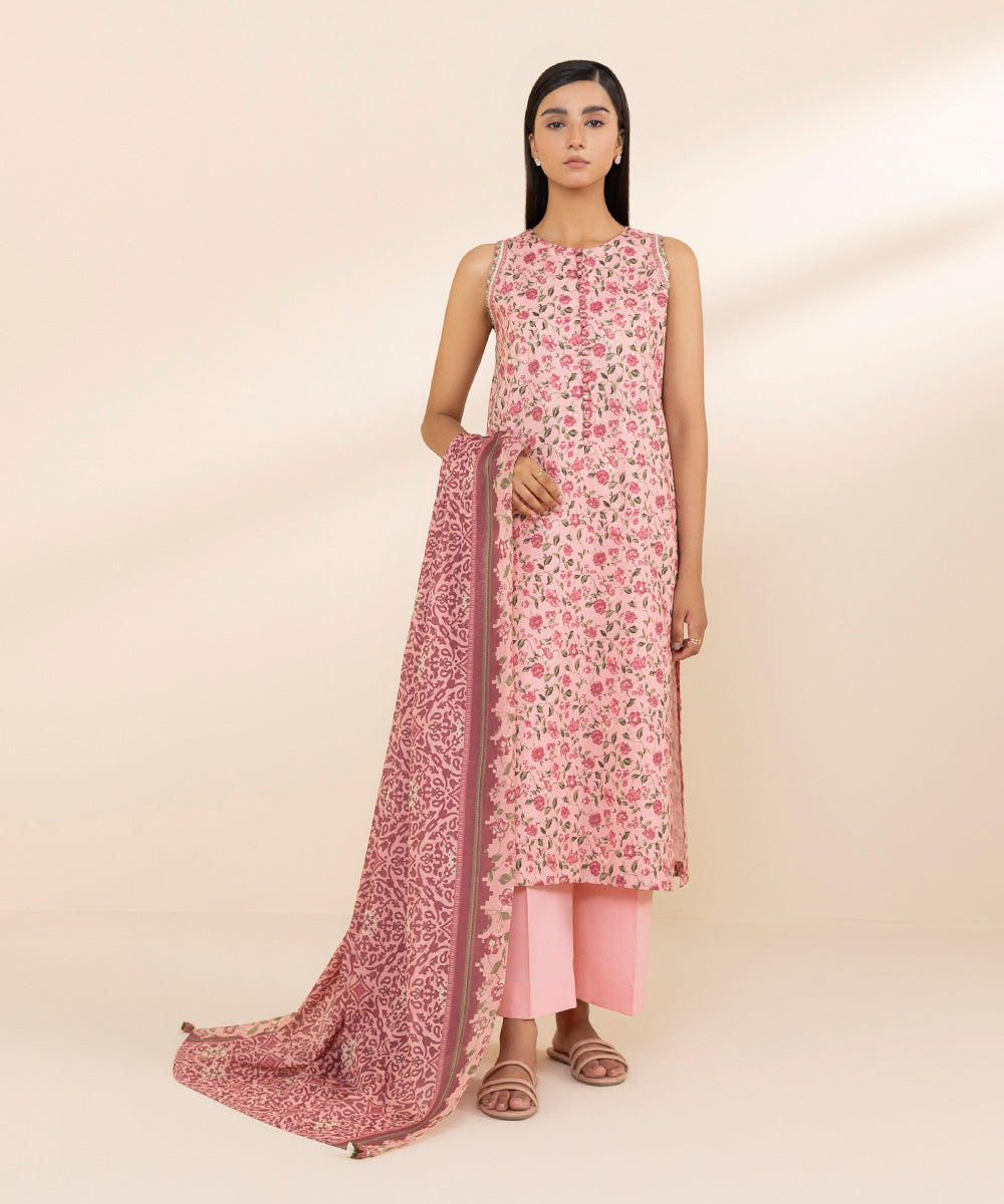 Women's Lawn Printed Pink Unstitched 3 Piece Suit