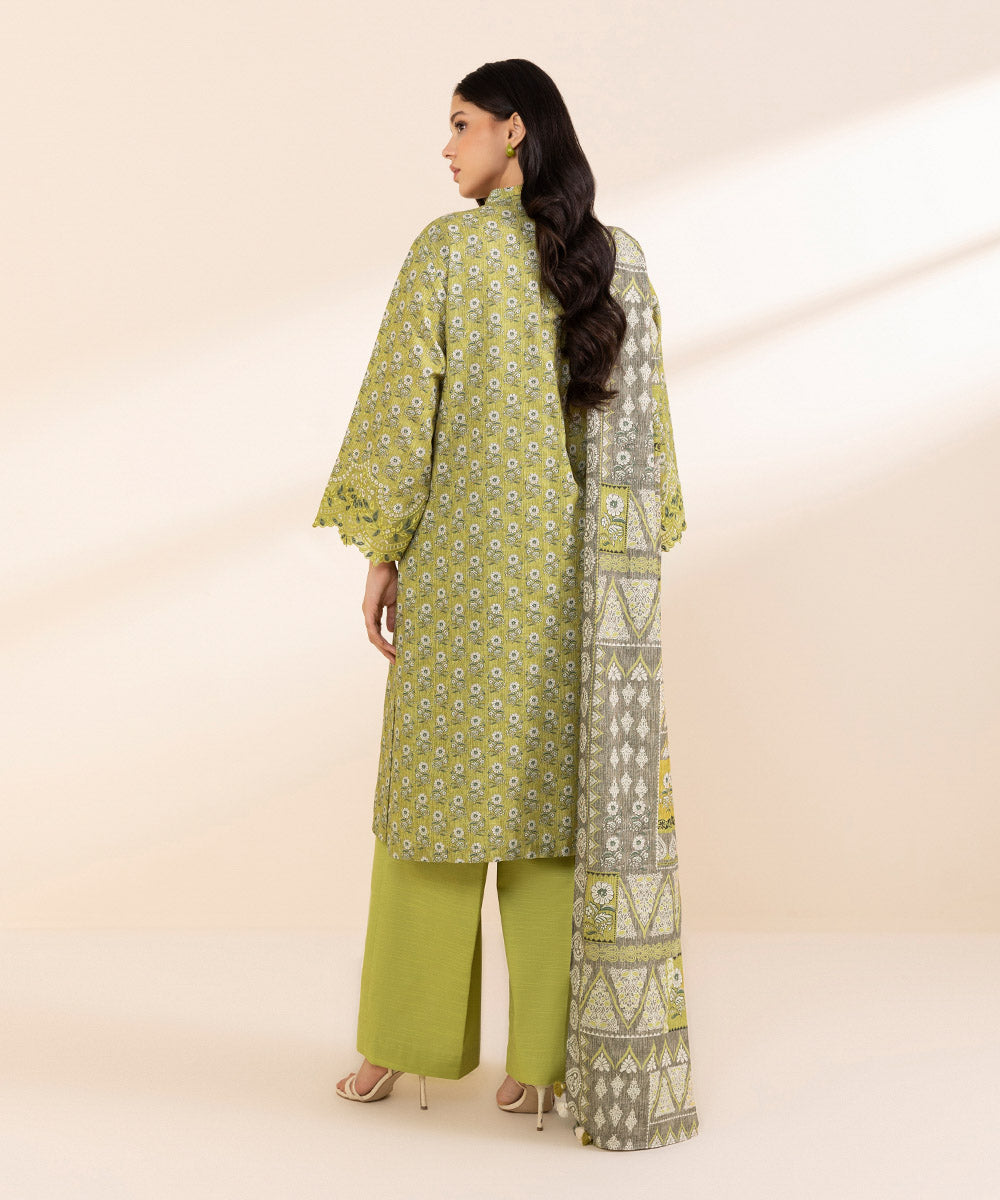 Women's Unstitched Light Khaddar Embroidered Green 3 Piece Suit