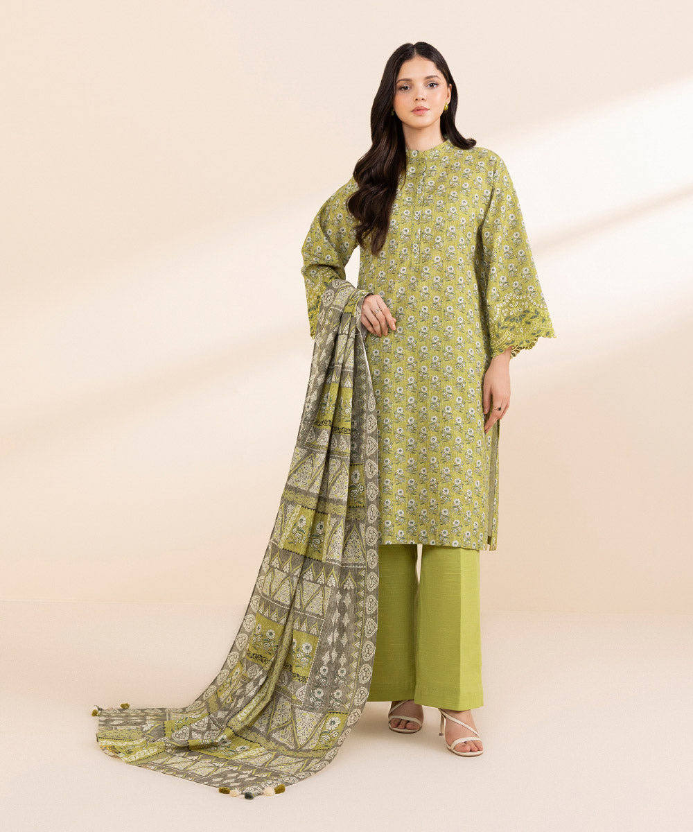 Women's Unstitched Light Khaddar Embroidered Green 3 Piece Suit