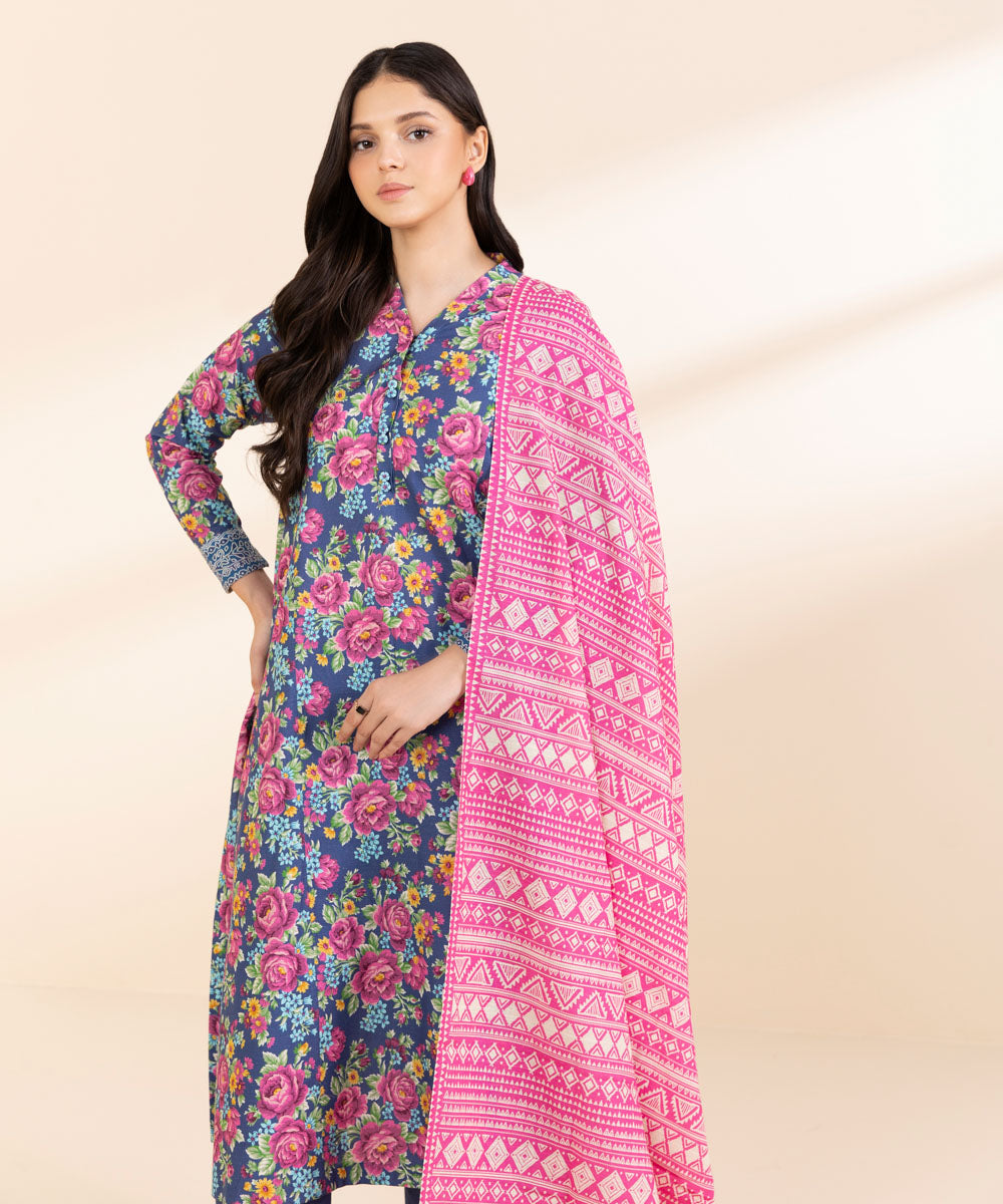 Women's Unstitched Light Khaddar Printed Multi 3 Piece Suit