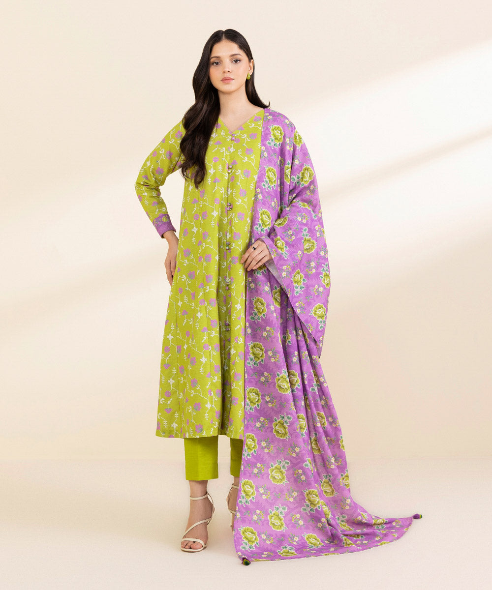 Women's Unstitched Light Khaddar Printed Green 3 Piece Suit