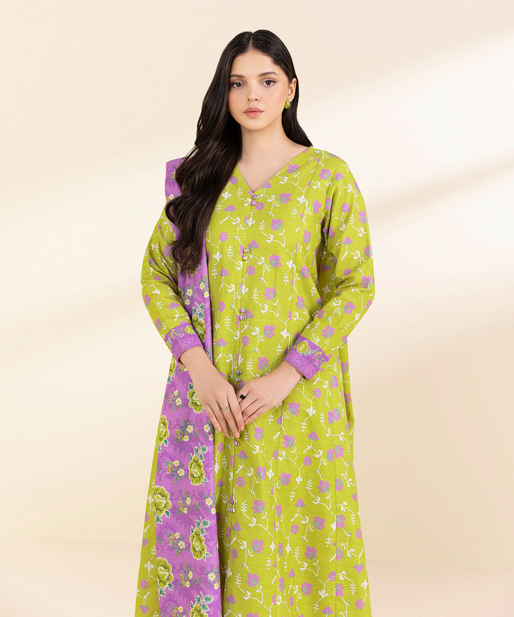 Women's Unstitched Light Khaddar Printed Green 3 Piece Suit