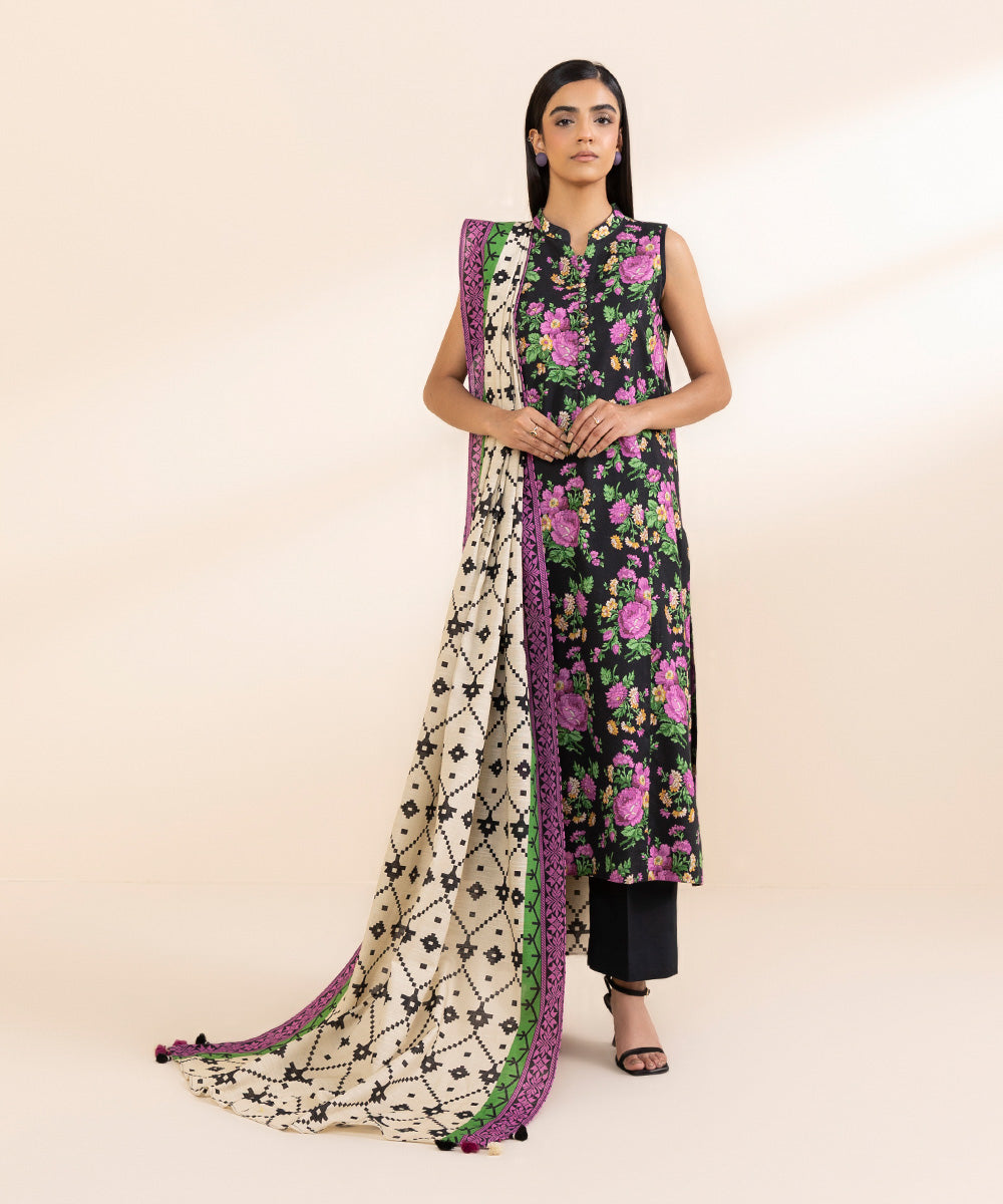 Women's Unstitched Light Khaddar Printed Multi 3 Piece Suit