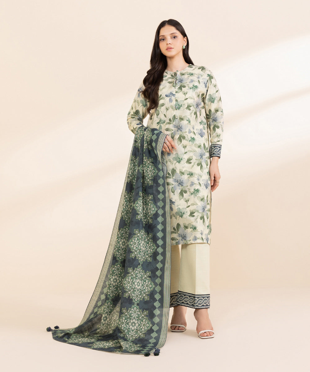 Women's Unstitched Light Khaddar Printed Multi 3 Piece Suit