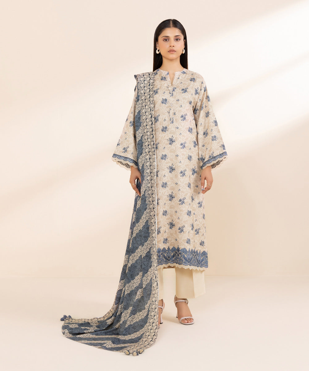 Women's Unstitched Embroidered Linen Multi 3 Piece Suit