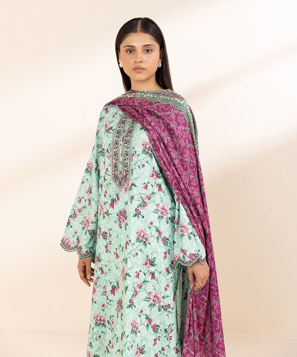 Women's Unstitched Embroidered Linen Multi 3 Piece Suit