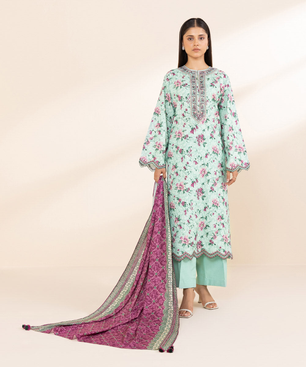 Women's Unstitched Embroidered Linen Multi 3 Piece Suit