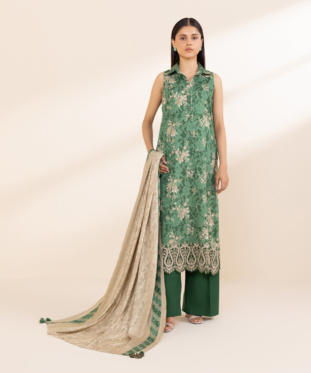 Women's Unstitched Embroidered Linen Green 3 Piece Suit