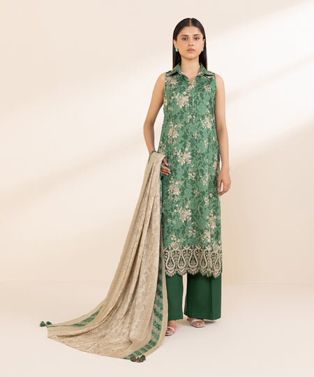 Women's Unstitched Embroidered Linen Green 3 Piece Suit