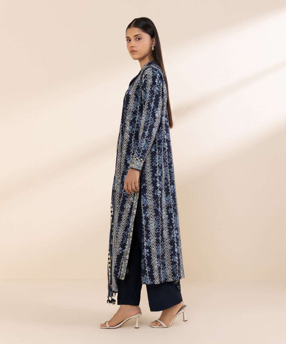 Women's Unstitched Printed Linen Blue 3 Piece Suit