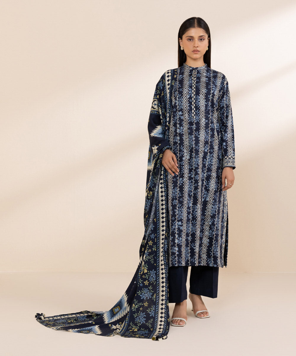 Women's Unstitched Printed Linen Blue 3 Piece Suit