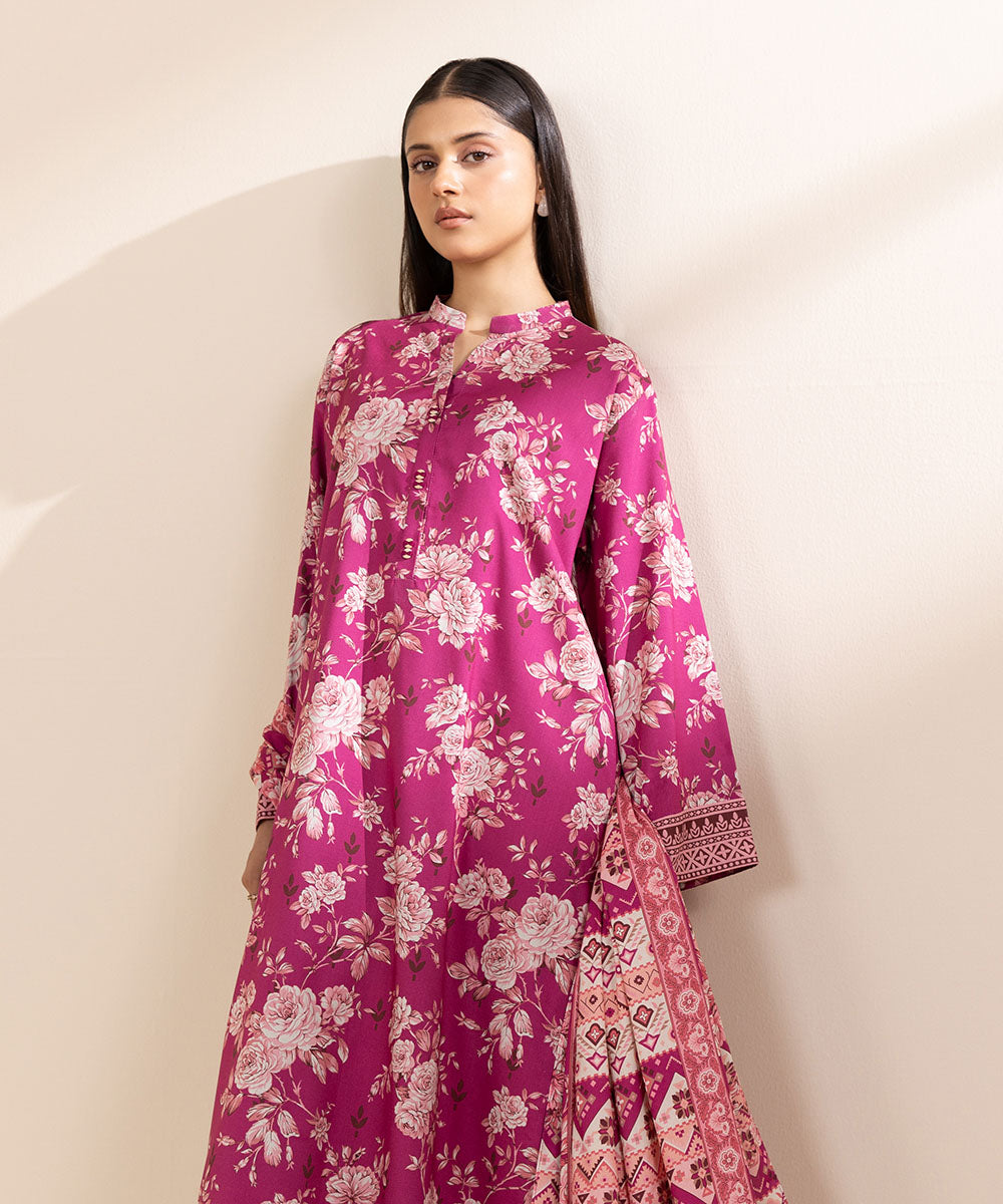 Women's Unstitched Printed Linen Pink 3 Piece Suit