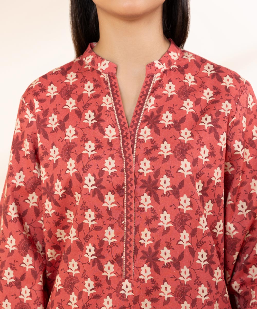 Women's Unstitched Printed Linen Red 3 Piece Suit