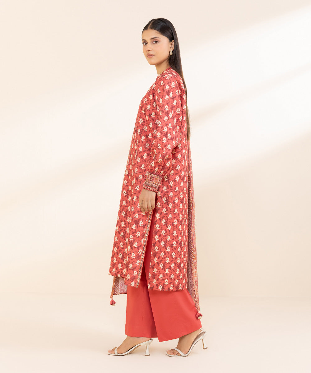 Women's Unstitched Printed Linen Red 3 Piece Suit