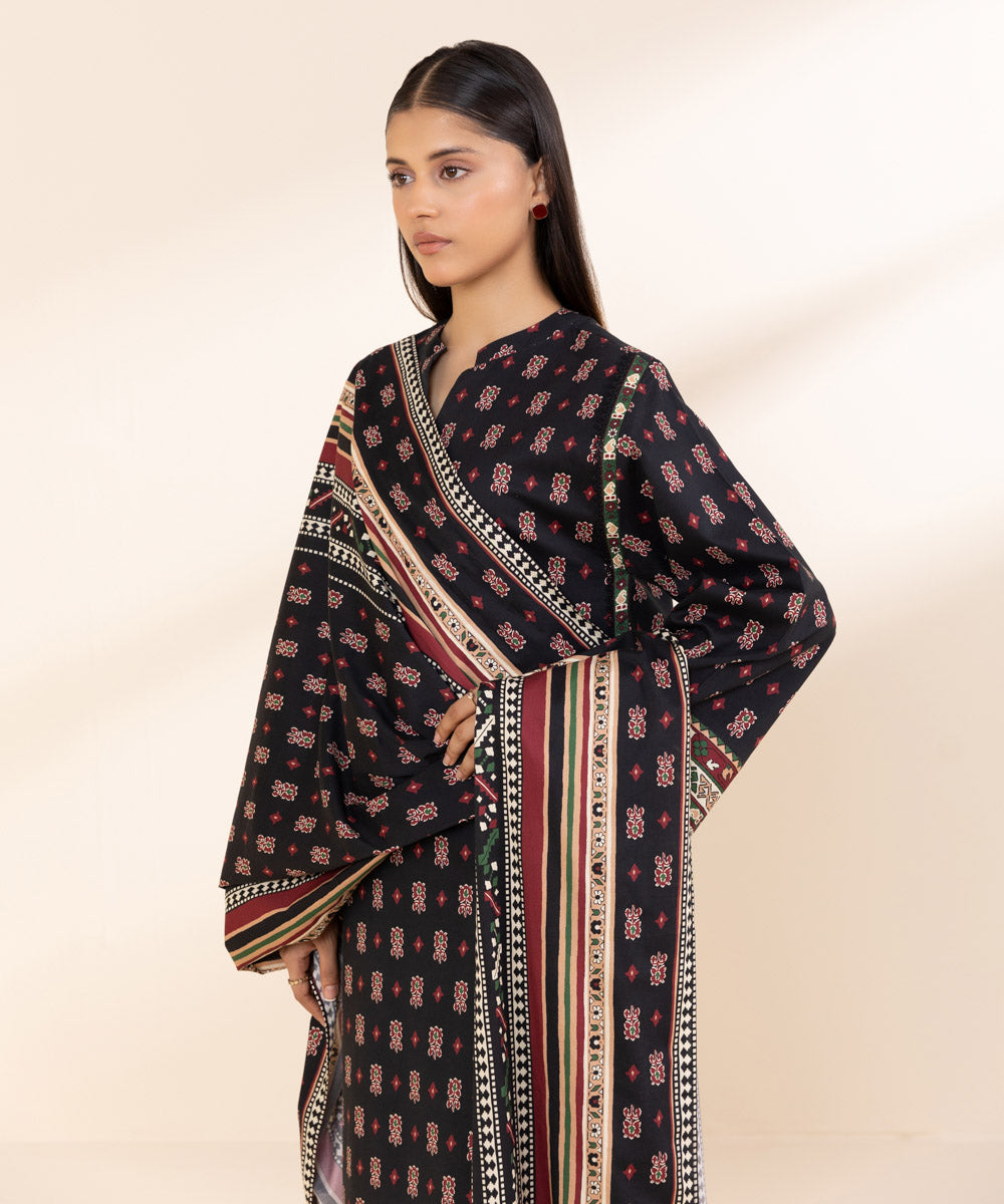 Women's Unstitched Printed Linen Black 3 Piece Suit