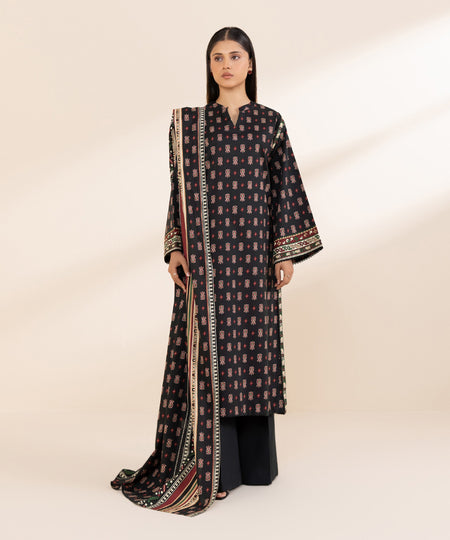 Women's Unstitched Printed Linen Black 3 Piece Suit