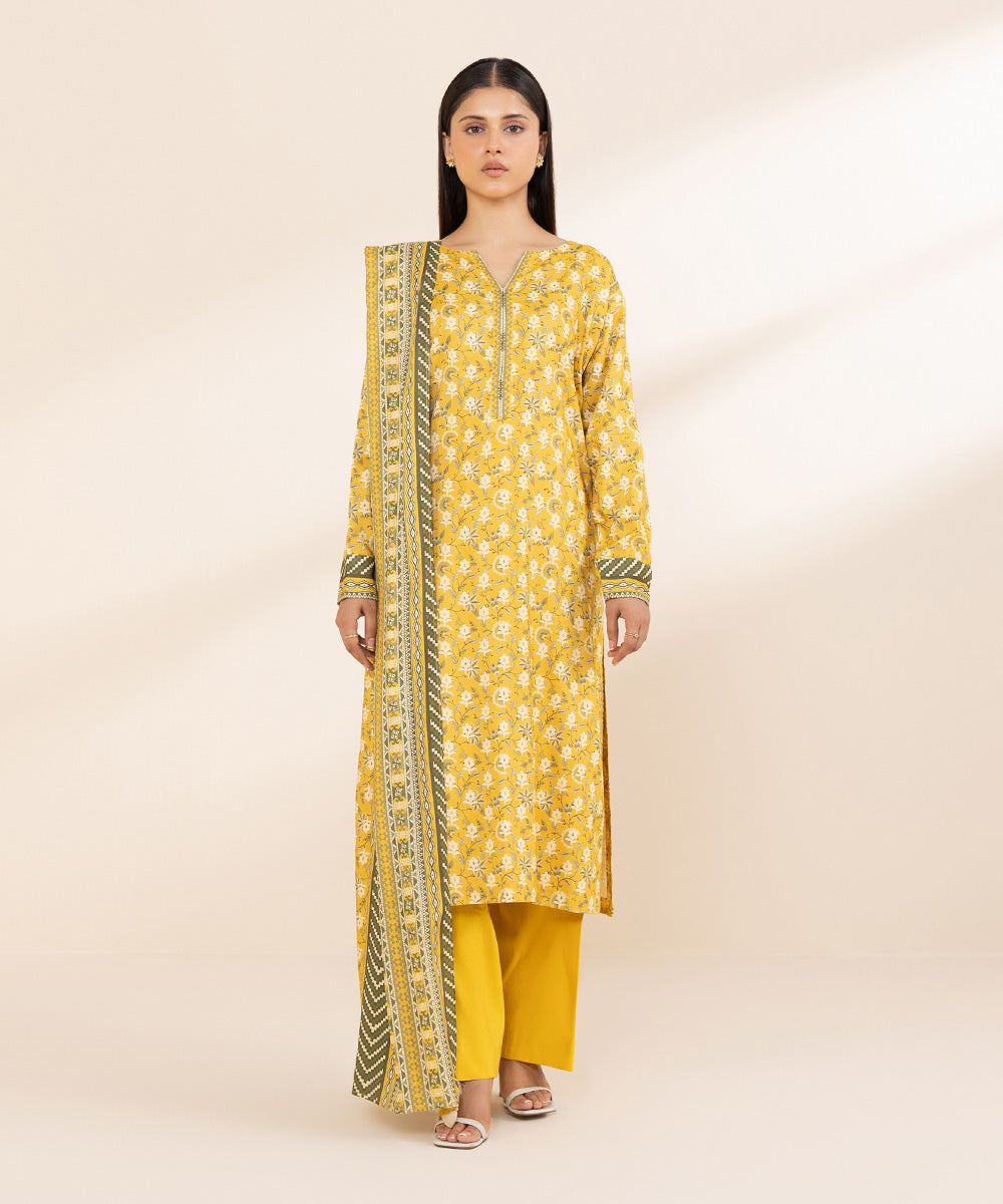 Women's Unstitched Printed Linen Yellow 3 Piece Suit