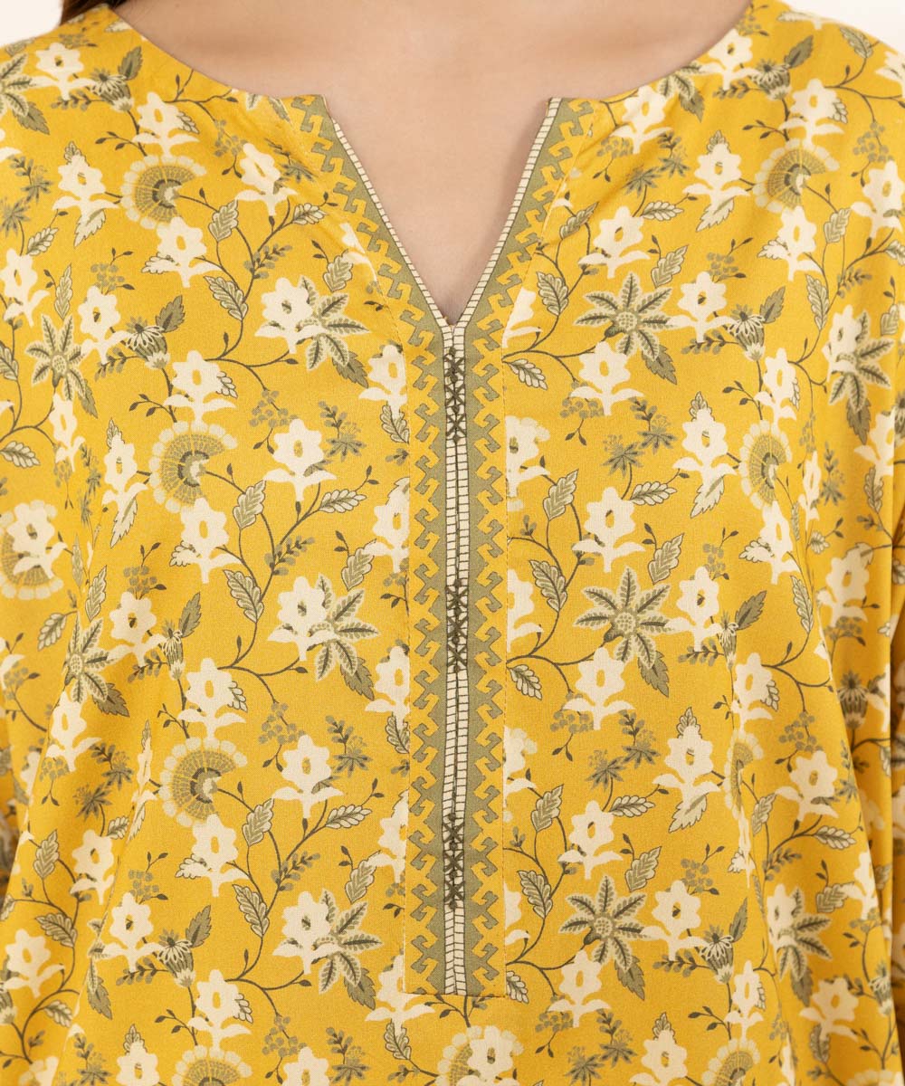 Women's Unstitched Printed Linen Yellow 3 Piece Suit