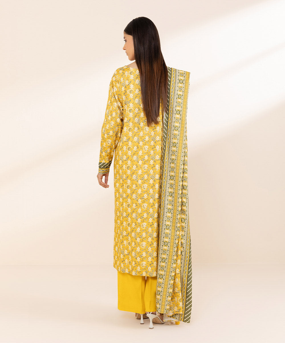 Women's Unstitched Printed Linen Yellow 3 Piece Suit