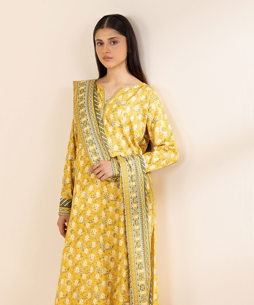 Women's Unstitched Printed Linen Yellow 3 Piece Suit