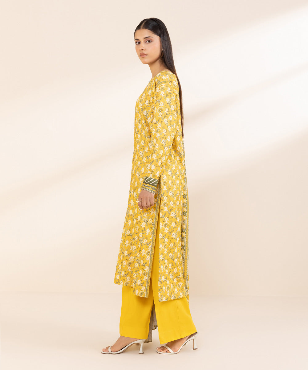 Women's Unstitched Printed Linen Yellow 3 Piece Suit