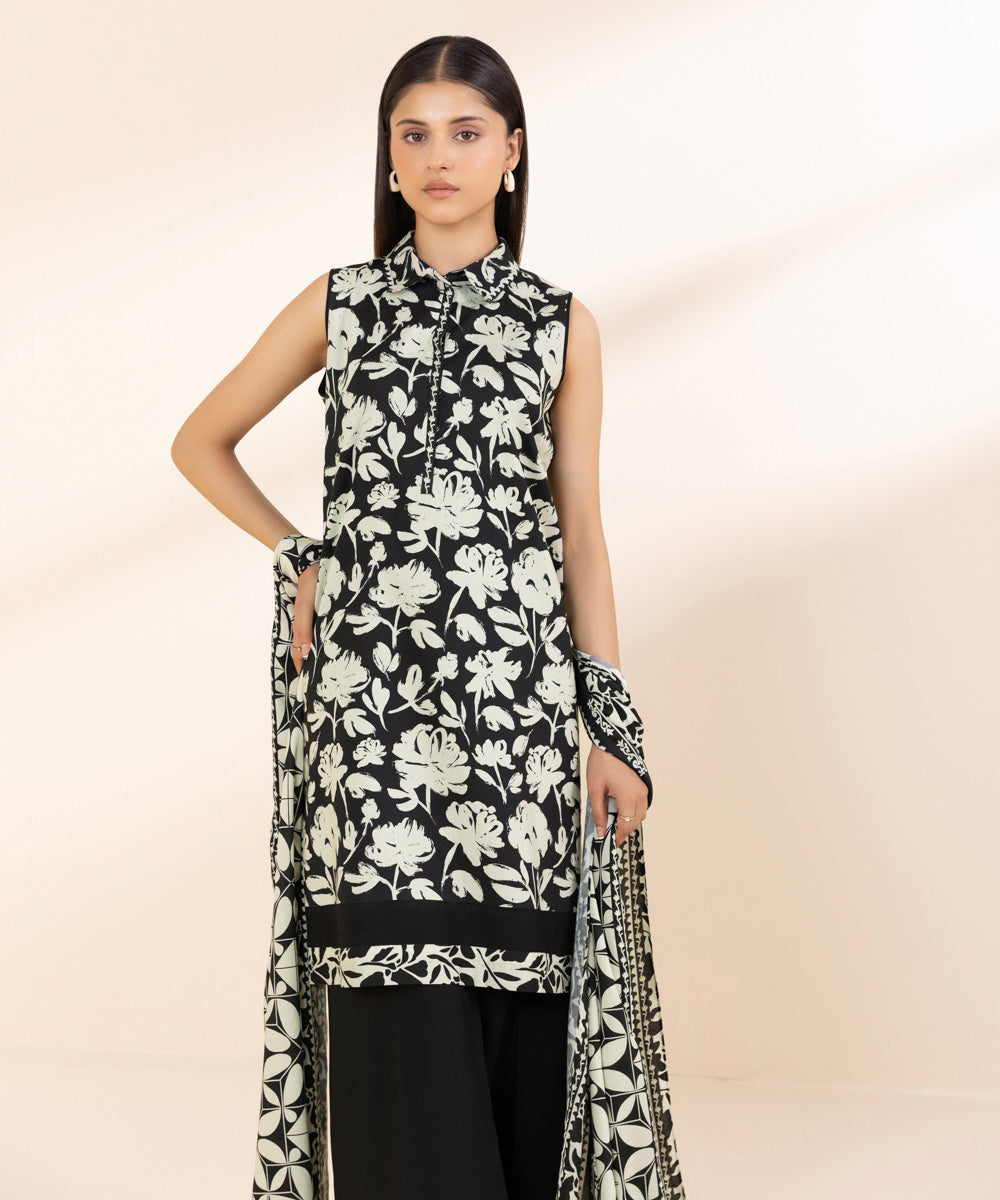 Women's Unstitched Printed Linen Black 3 Piece Suit