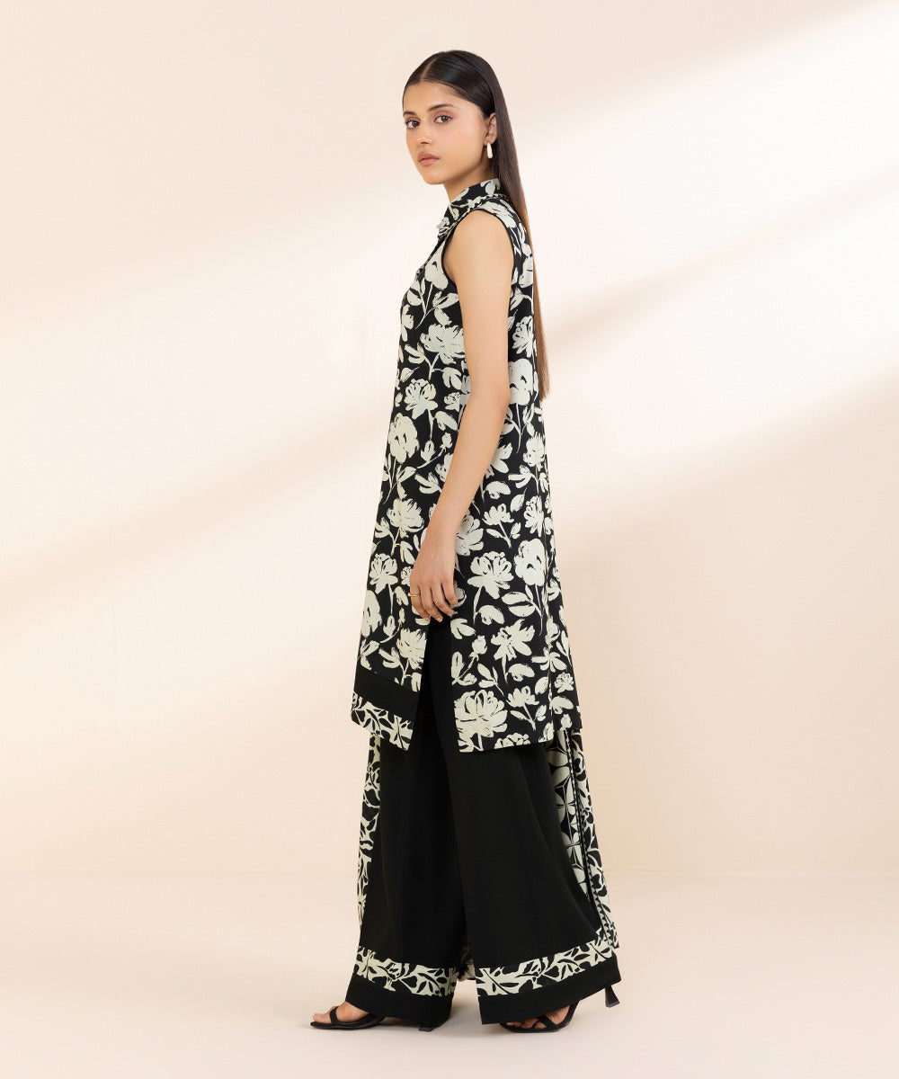 Women's Unstitched Printed Linen Black 3 Piece Suit