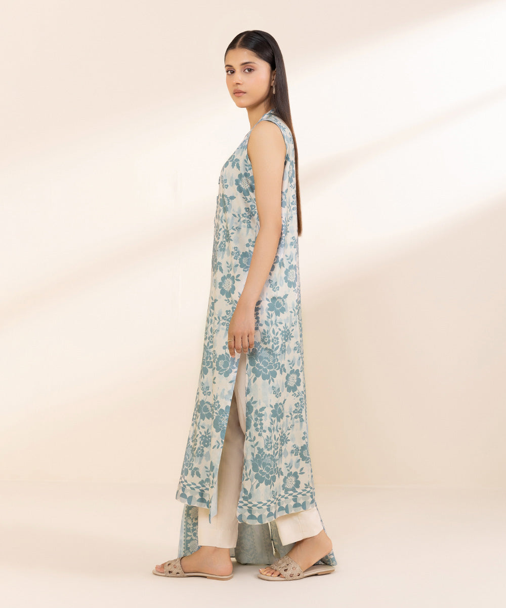 Women's Unstitched Printed Linen Blue 3 Piece Suit