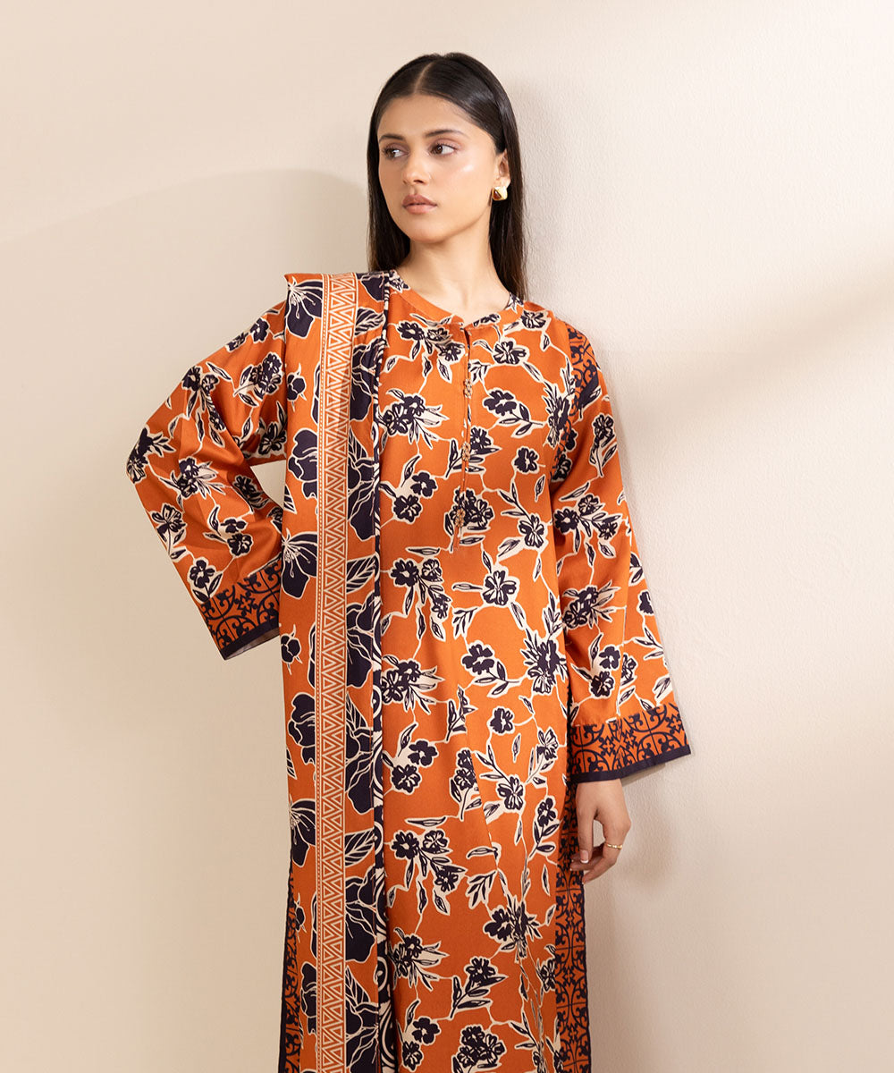 Women's Unstitched Printed Linen Orange 3 Piece Suit