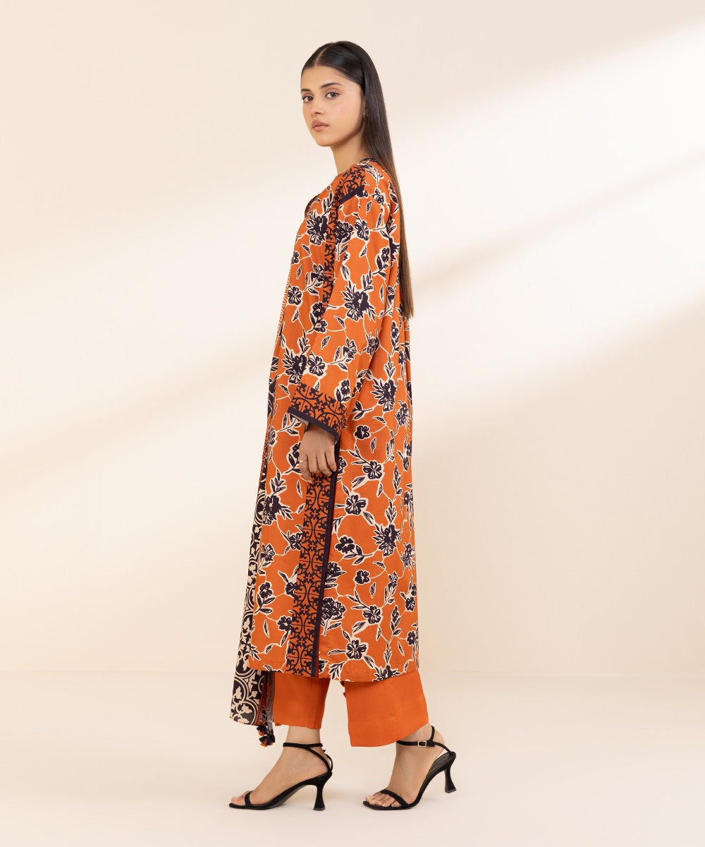 Women's Unstitched Printed Linen Orange 3 Piece Suit